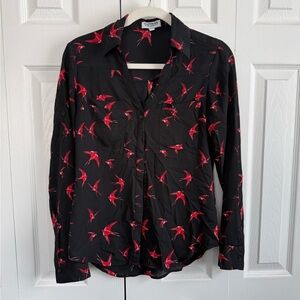 Express Black Button-Down Shirt with Red Bird Motif